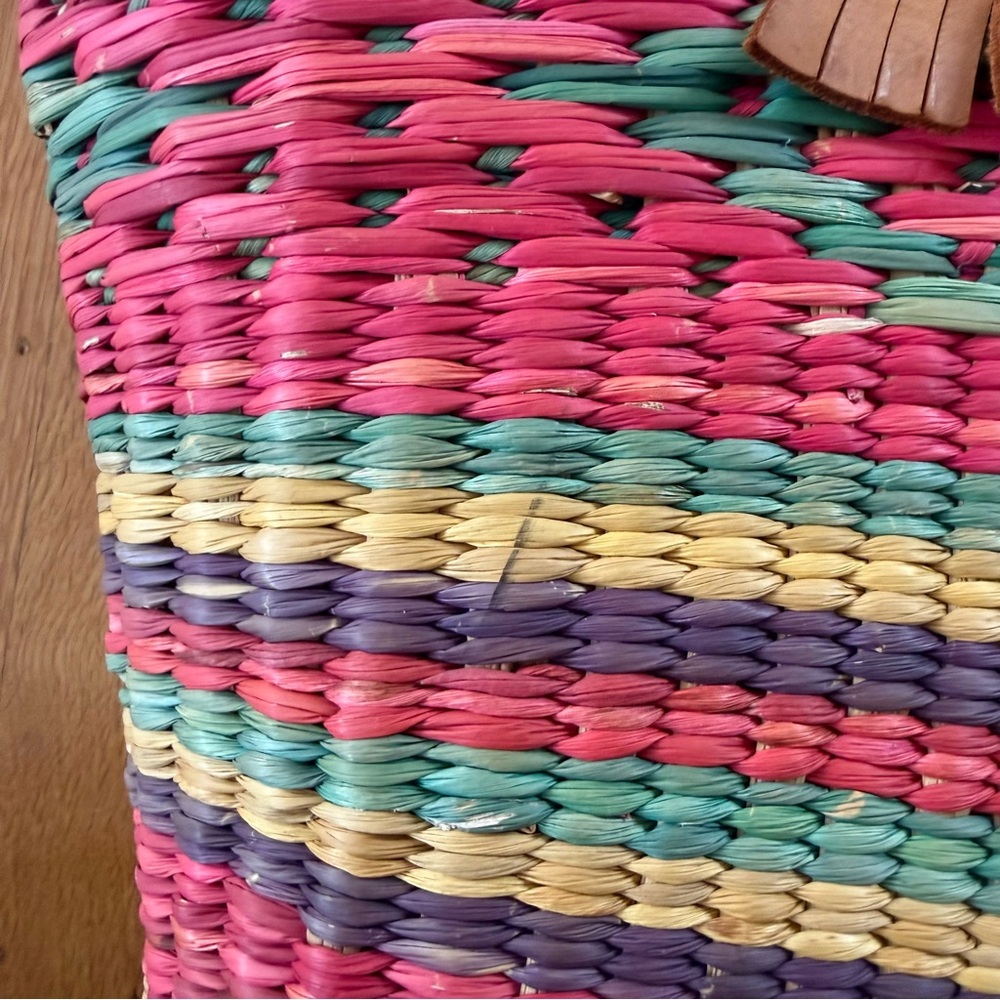 Vintage Woven Raffia Bucket Tote Multicolor with Leather Trim - Picture 10 of 13